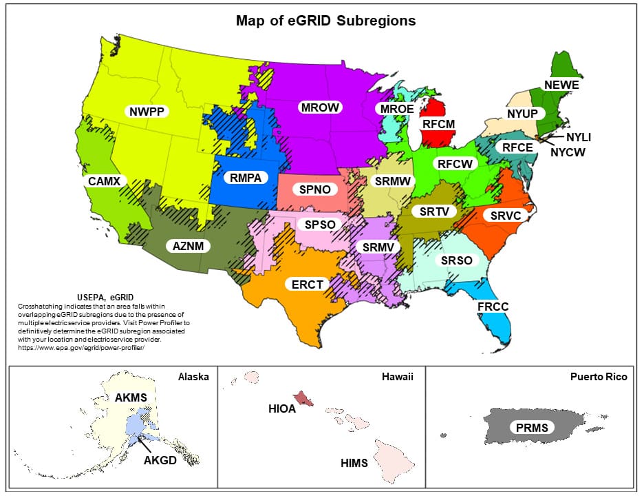 eGRID deliverable regions showing PJM, NYISO, ISO-NE, and ERCOT for renewable energy credits